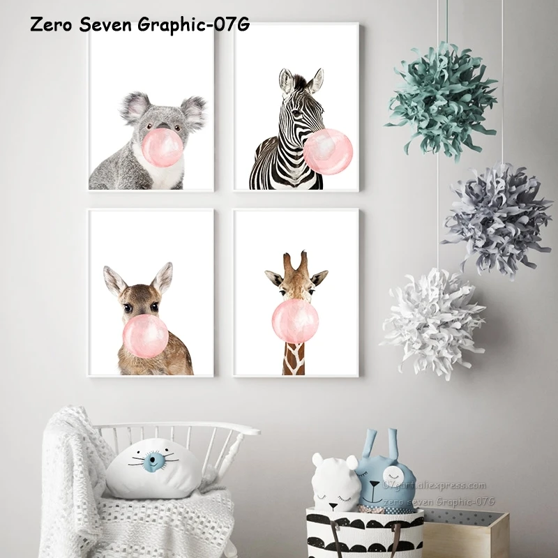 07G Güzel Üfleme Kabarcık Sakız Zürafa Zebra Koala Hayvanlar Kreş Ev Dekorasyon İçin Tuval Boyama Duvar Sanat Baskı Poster