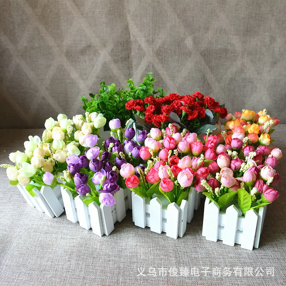1 Takım 16cm Ahşap Çit Vazo + gül Ve Papatya yapay çiçek Seti İpek Çiçekler Ev Dekorasyon doğum günü hediyesi