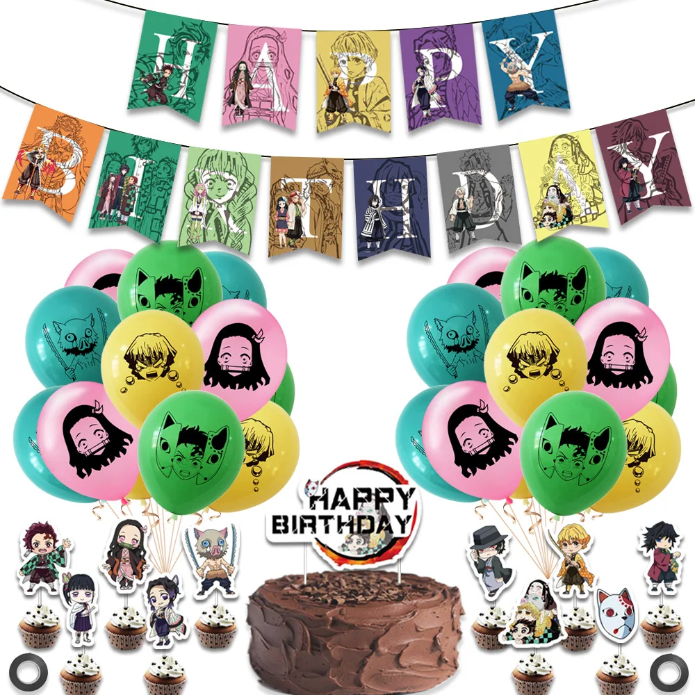 1 takım iblis avcısı Kimetsu Hiçbir Yaiba Balonlar Anime iblis avcısı Doğum Günü Afiş Kek Topper Bebek Duş Parti Süslemeleri
