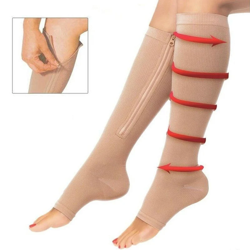 1 Çift Yanık Yağ Fermuar Çorap Kadın Burnu açık Varisli Damarları Önlemek Çorap Kız Sıkıştırma İnce Güzellik Bacak Zip Şekillendirici