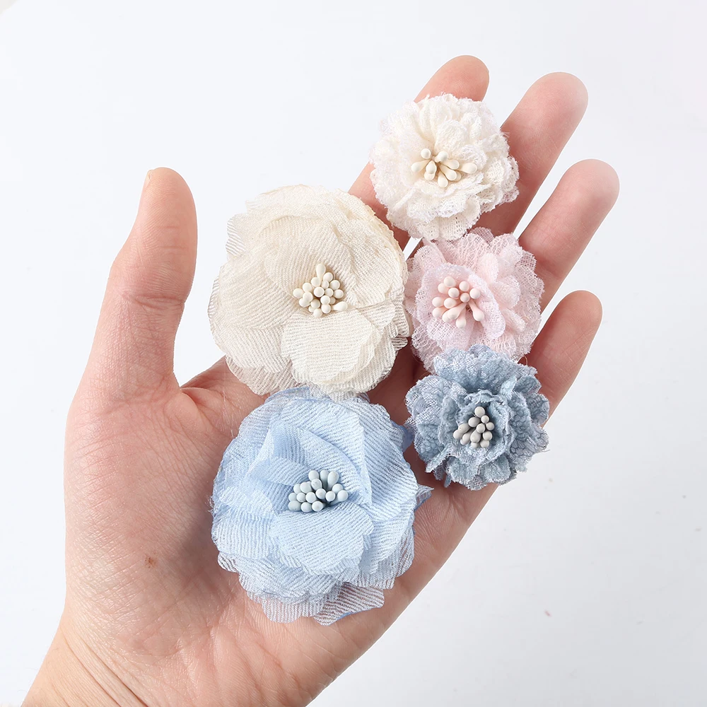 10 ADET 6cm Yenidoğan Dekoratif Kumaş Çiçekler Yaprakları ile Ev Bahçe için Moda Yanmış Kenar Çiçekler Düğün Süsleme