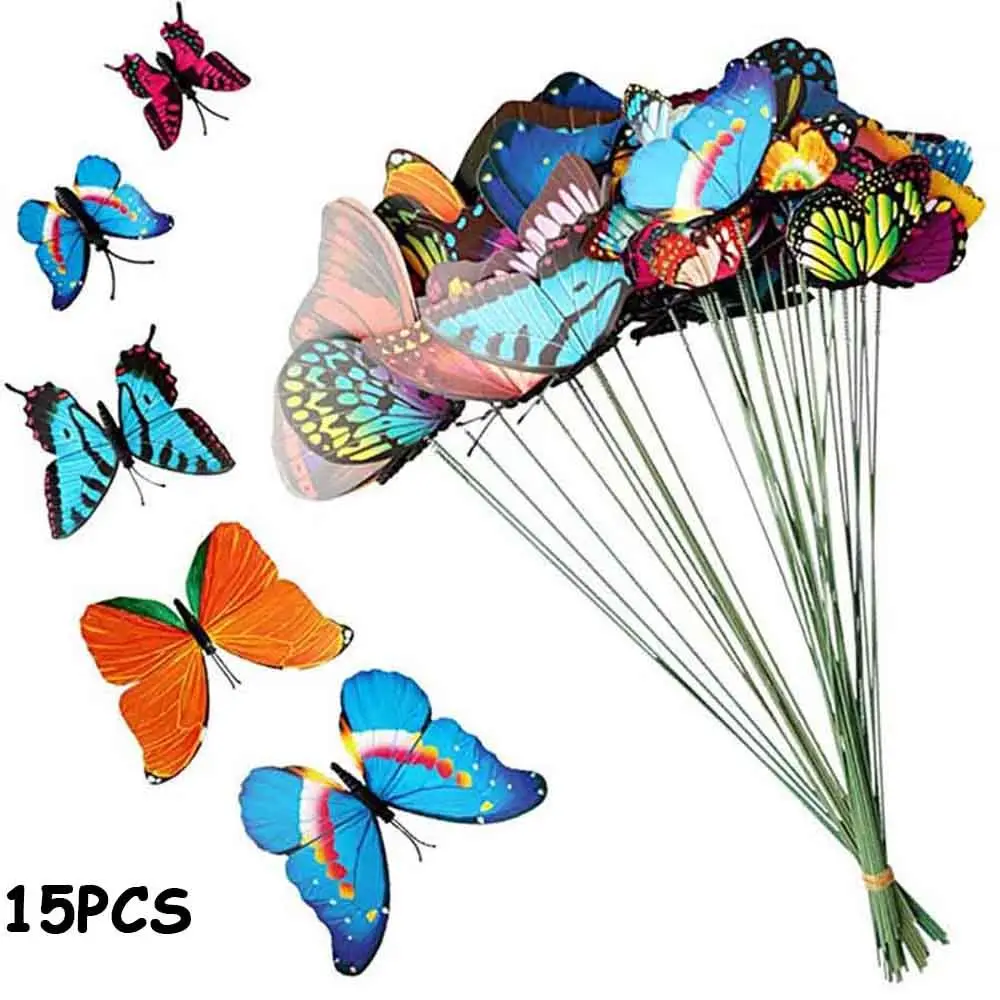 15 ADET Renkli Yard Bonsai Süsler Saksı Bahçe Dekor Yapay Kelebek Çubuklar ile Simülasyon Renk Sahte Kelebekler