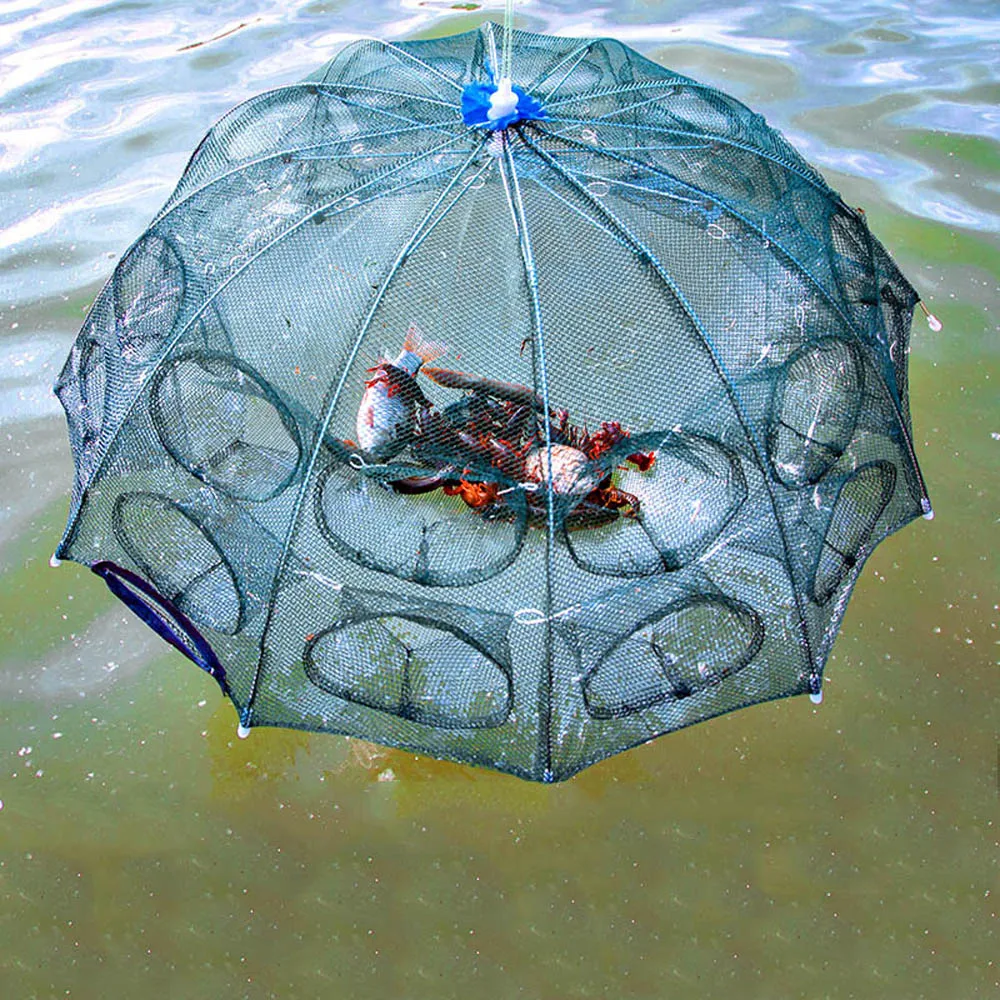 2-12 Delik Güçlendirilmiş Otomatik Balık Ağı Karides Kafes Naylon Katlanabilir Şemsiye Şekli Yengeç Balık Tuzak Cast Net Cast Katlanır Net