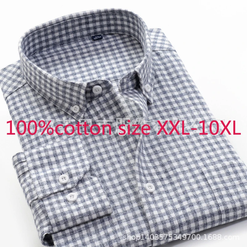 2019 Yeni Yüksek Kaliteli %100 % saf Pamuk Süper Büyük Gevşek Erkekler Kalınlaşmış Sonbahar Elbise Gömlek Pazen Ekose Artı Boyutu XXL-9XL 10XL