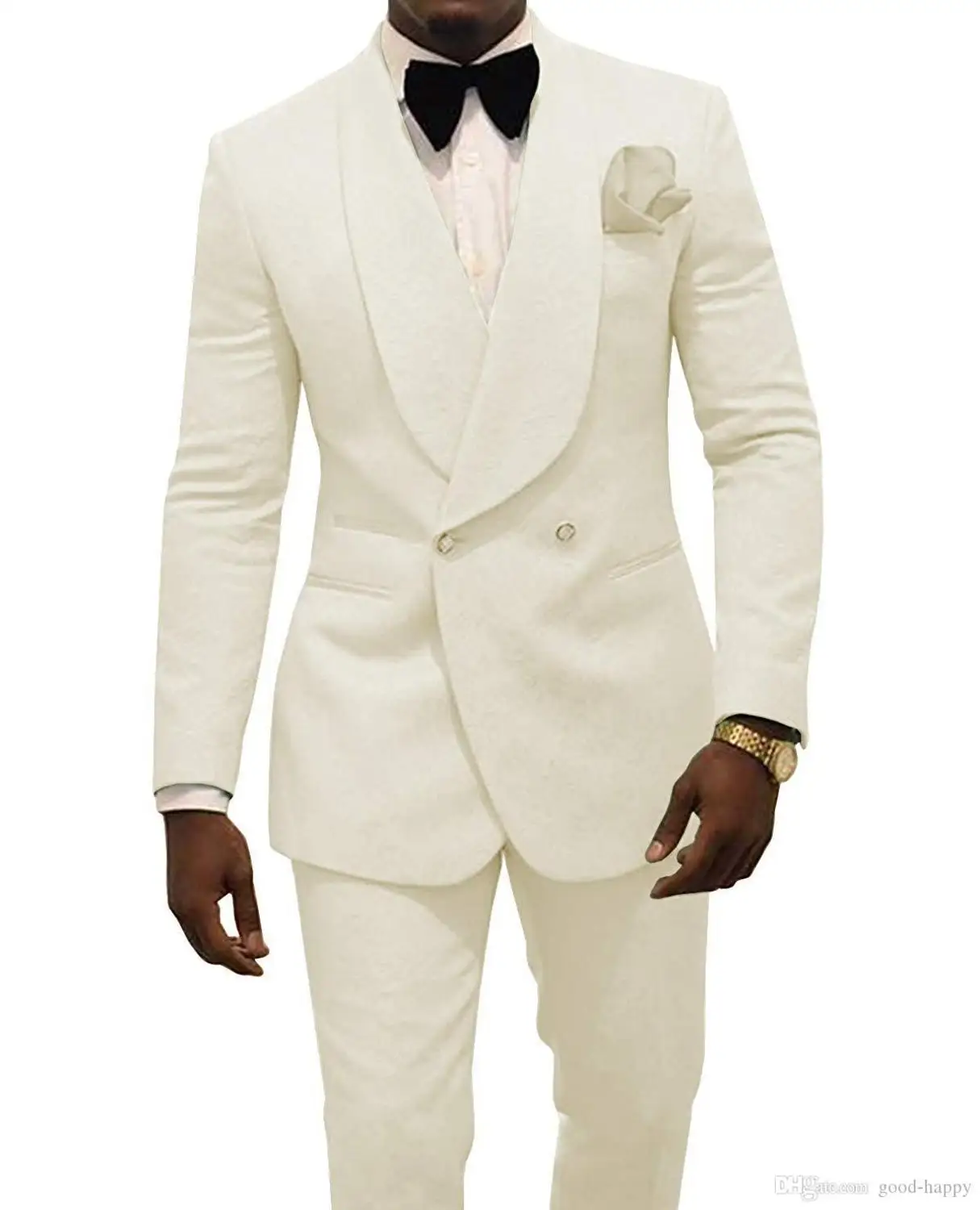 2021 Custom Made Fildişi Jakarlı Groomsmen Damat Smokin Kruvaze Erkek Takım Elbise Düğün En İyi Erkek Blazer 2 Parça Kostüm Homme