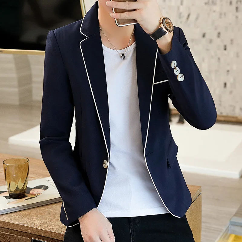 2022 erkek Bahar Yeni Rahat Yakışıklı İnce Takım Elbise Moda Gençlik Tek Düğme Trim blazers