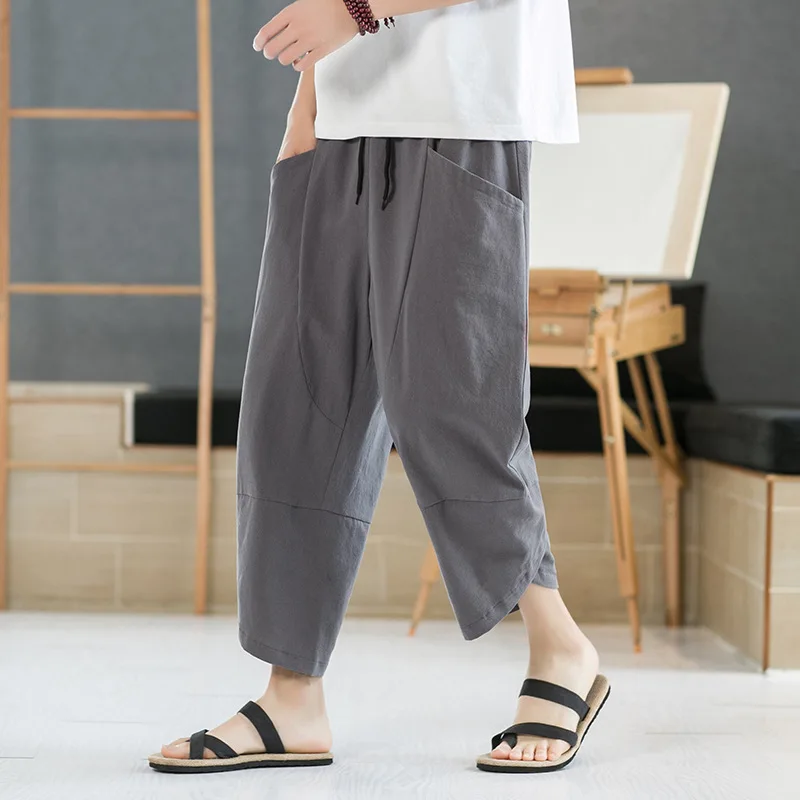 2022 Yaz Erkek Japon Tarzı Pamuk Keten harem pantolon Vintage Casual Gevşek Streetwear Buzağı Uzunlukta Pantolon
