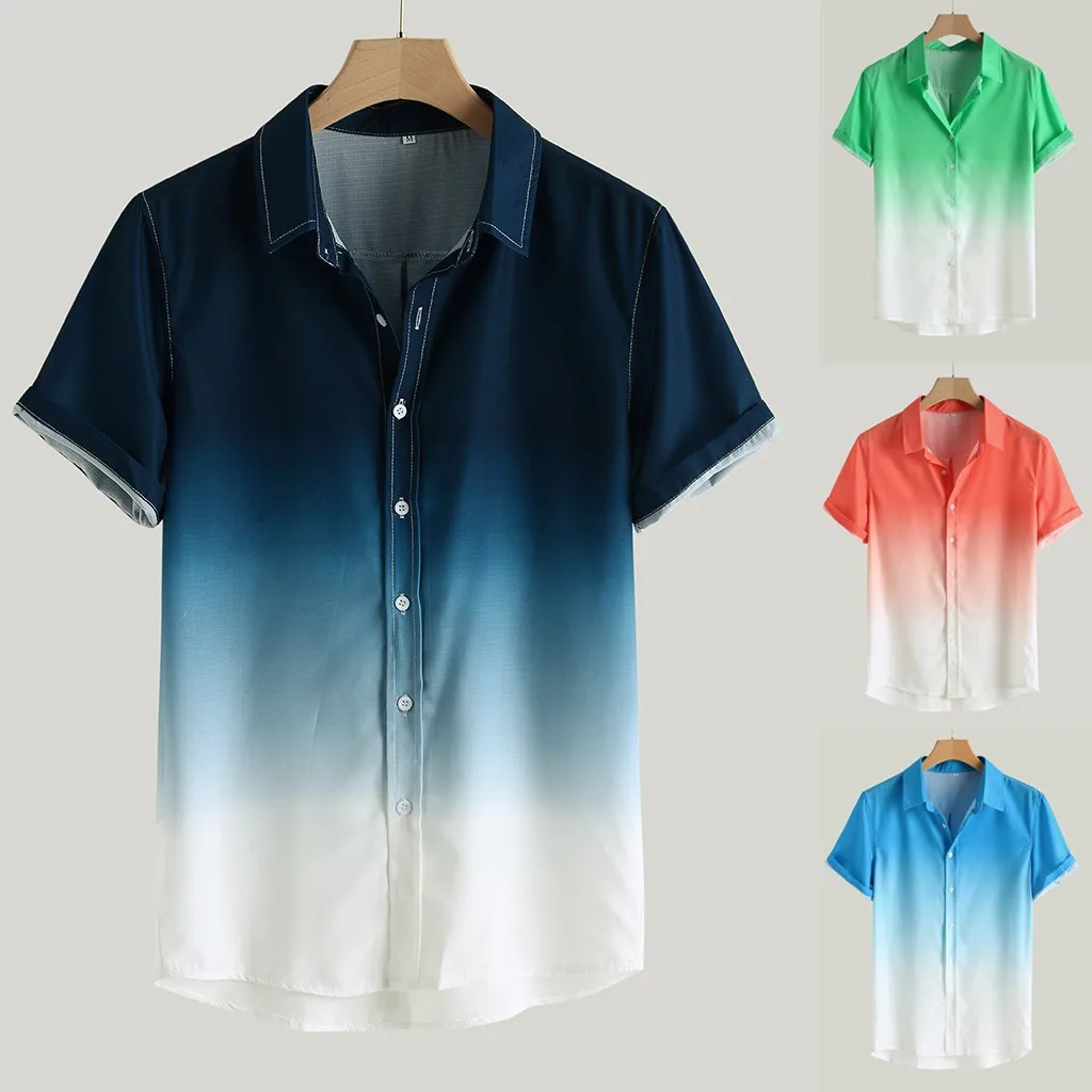 2022 Yaz Yeni erkek Harajuku havai gömleği Rahat Kısa Kollu Degrade Renk Pamuk Keten İnce Yaka Nefes Yaz Serin