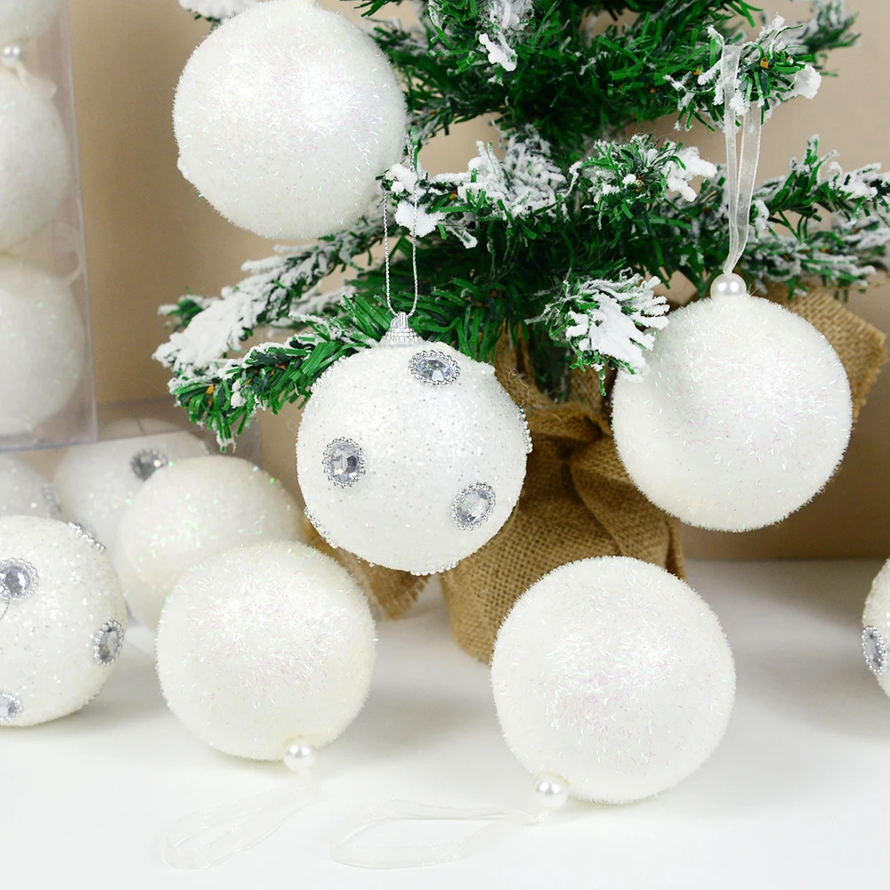 3 adet 8cm Beyaz Noel Topları Baubles Noel Ağacı Asılı Süsleme Glitter Rhinestone Köpük Topu Kolye Yeni Yıl Ev Dekorasyon