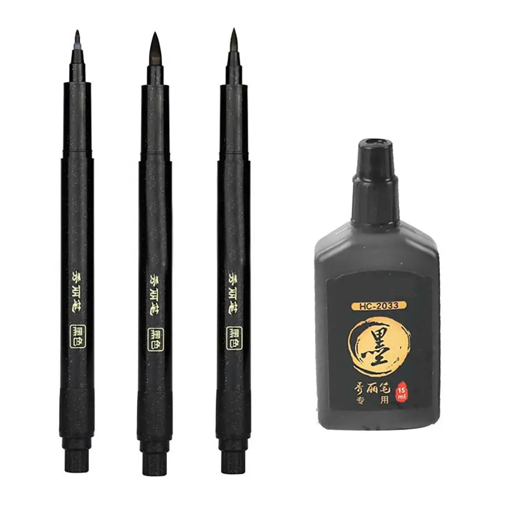 4 Adet Taşınabilir Kalemler 3 Farklı Uç Keçe Ucu Fırça Doldurulabilir Mürekkep Kalem Yazma Kaligrafi Egzersizleri İmza Siyah