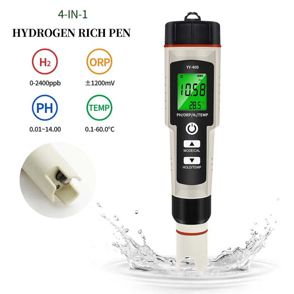 4-in-1 pH/H2/sıcaklık/ORP Tester Dijital Hidrojen İyon Konsantrasyonu Metre Su Kalitesi Monitör için Akvaryum, yüzme Havuzu 43 % kapalı