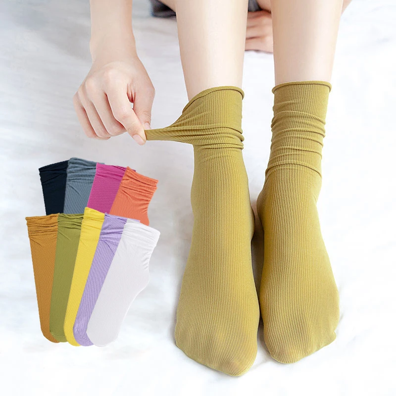 5 Pairs Kadınlar Buz İnce Gevşek Çorap Buzağı Uzunluğu Diz Çorap Yaz Mor Naylon Çorap Japon Moda Kolej Tarzı Düz Renk