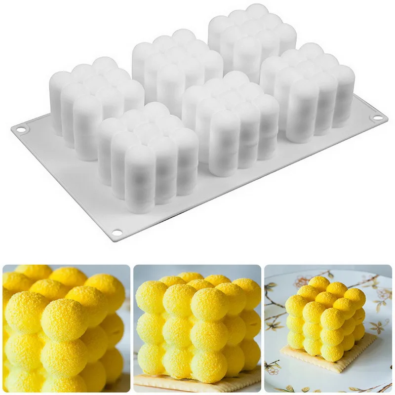6 Kaviteler 3D Küp Pişirme Mus Kek Kalıbı Silikon Kare Kabarcık Tatlı MoldsTray Mutfak Bakeware Mum Alçı Kalıp
