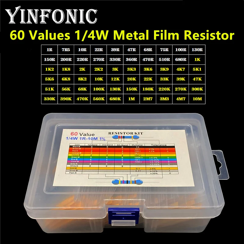 60 Değerleri 1/4W %1 metal film dirençler 5-Bant Kodu 1R-10M her 10 adet Toplam 600 adet Direnç Kiti Kutusu İle