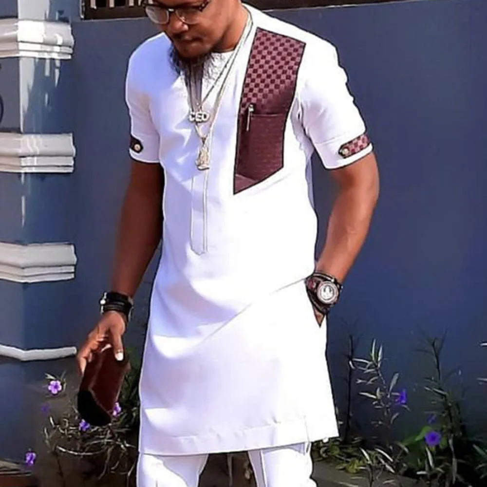 Afrika Dashiki Takım Elbise erkek Düğün Yuvarlak Boyun Dikiş Kısa kollu Afrika Etnik Tarzı Rahat erkek Setleri M-4XL