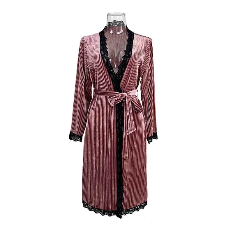 Altın Kadife Bornoz Sıcak Kadın Pijama Giyim Sonbahar ve Kış Kimono Kadınlar Gece Hırka Gecelik Elbiseler Seti