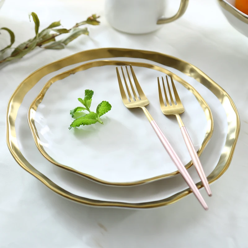 Altın çizgi seramik tabak tatlı tabağı Kahvaltı tabakları Masa yemekleri mutfak düzenleyici Yaldızlı porselen sofra takımı salata kasesi