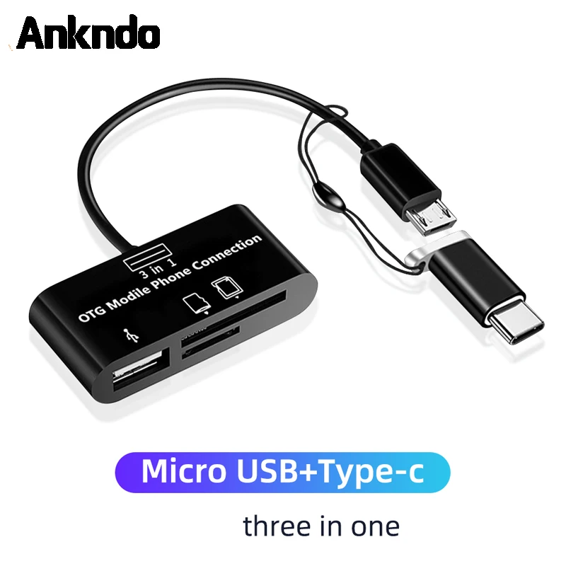 ANKNDO 3 in 1 mikro USB Tip-C OTG kart okuyucu TF / SD / U Disk / cep Telefonu Kamera USB C Adaptörü Genişleme kart okuyucu OTG Adaptörü