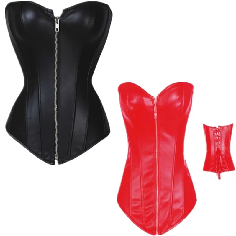Artı Boyutu Push Up Kadın Faux Deri Korse Siyah Kırmızı Steampunk Fermuar Vücut Shapewear Bel Cincher Büstiyer Korse G String
