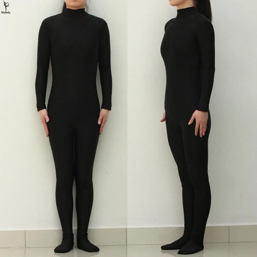 Artı Boyutu XXXL Spandex Balıkçı Yaka Bayan Uzun Kollu Siyah Zentai Suit Bodysuit Sıkı Ayaklı Giyim Catsuit Hood olmadan