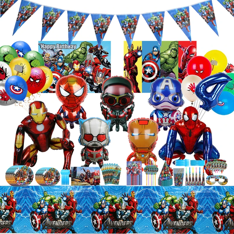 Avengers Süper Kahraman Tema Malzemeleri Süslemeleri Çocuklar Doğum Günü Tek Kullanımlık Sofra Masa Örtüsü Bardak Örümcek Adam Parti Tema Seti