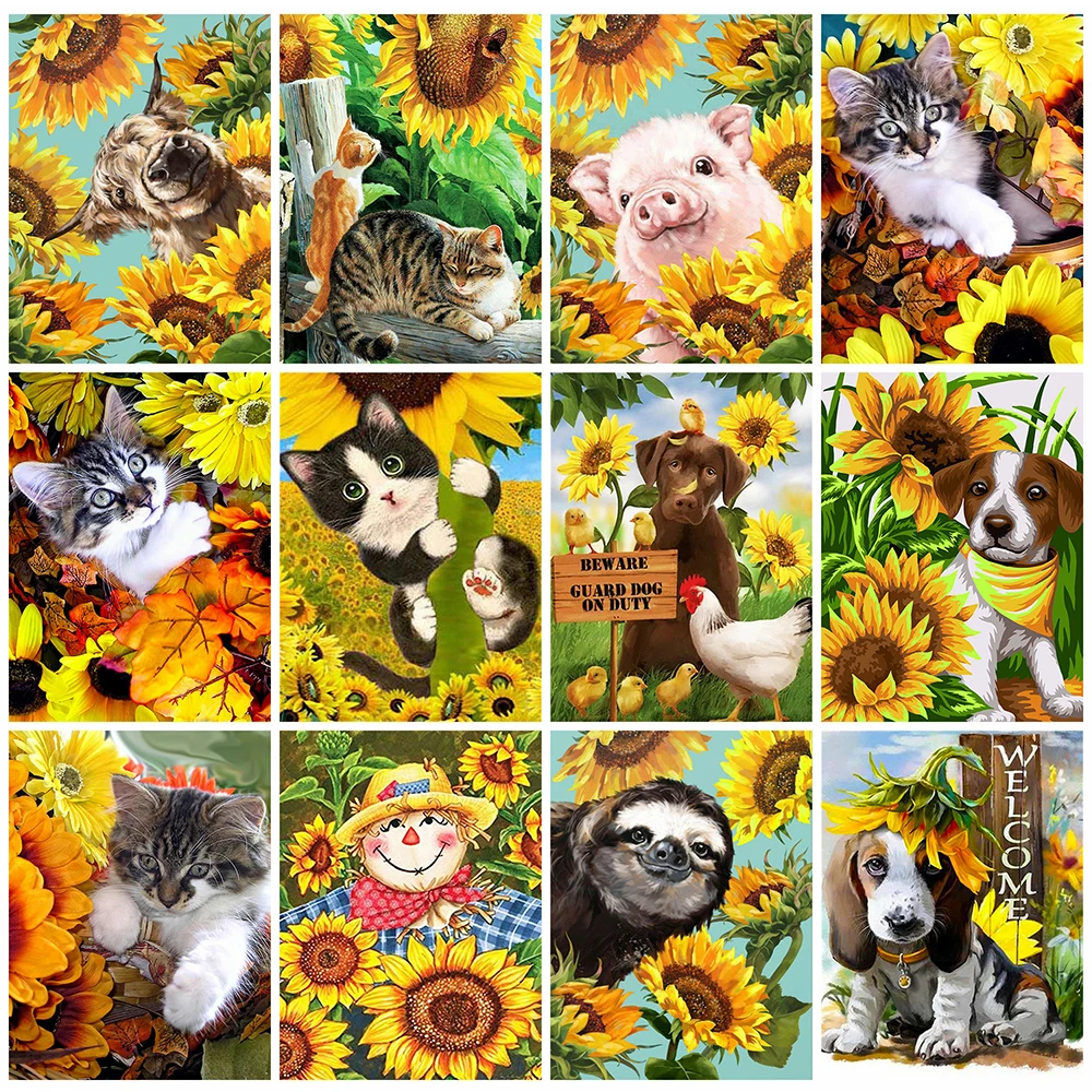 AZQSD Elmas Boyama Ayçiçeği Çapraz Dikiş Mozaik Çiçek Tam Kare Matkap Nakış Domuz Kedi Köpek El Yapımı Hediye