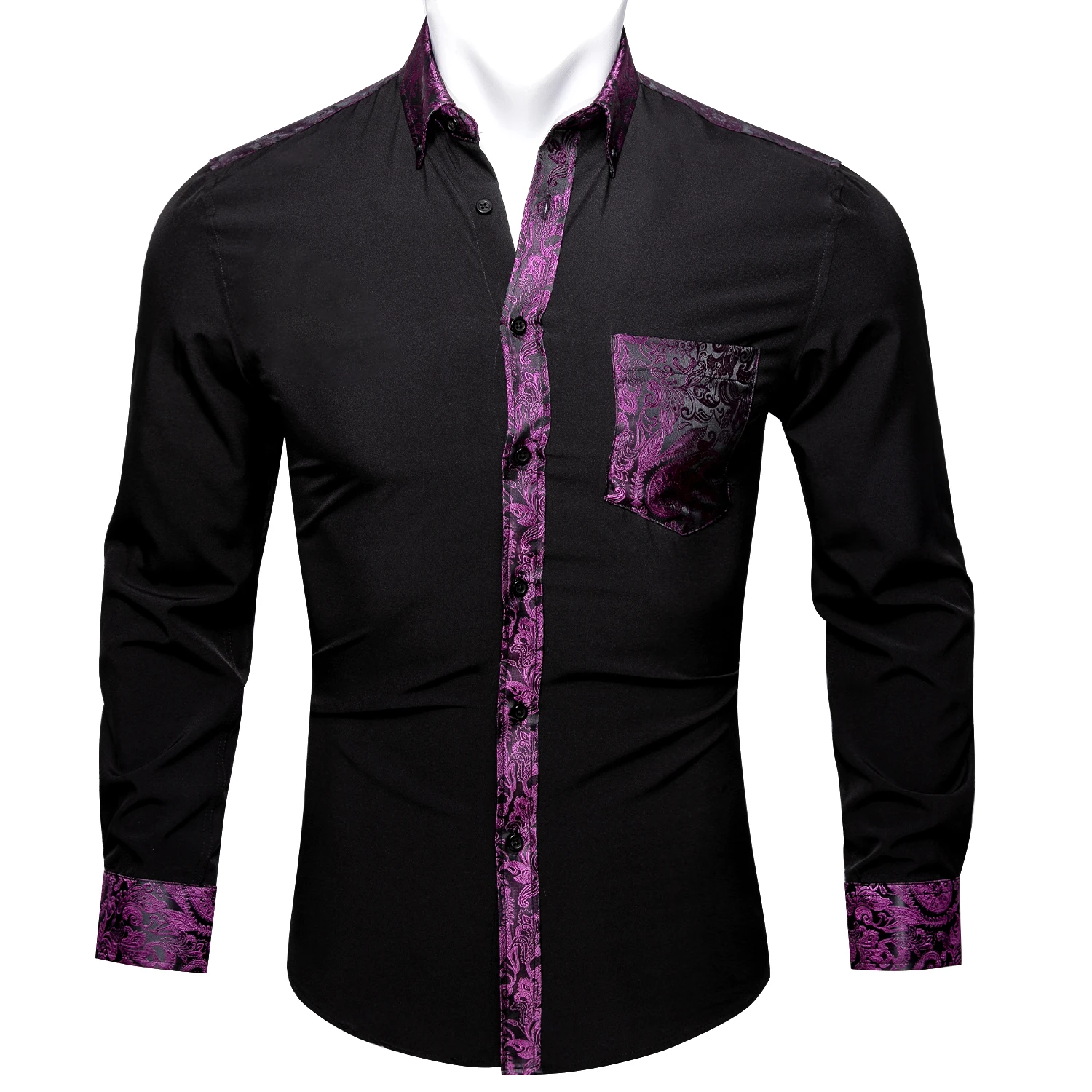 Barry.Wang Siyah Katı Mor Çiçek Ekleme Gömlek Adam Uzun Kollu Rahat Yumuşak Gömlek Erkekler Için Tasarımcı Fit Elbise Gömlek BCY-0303