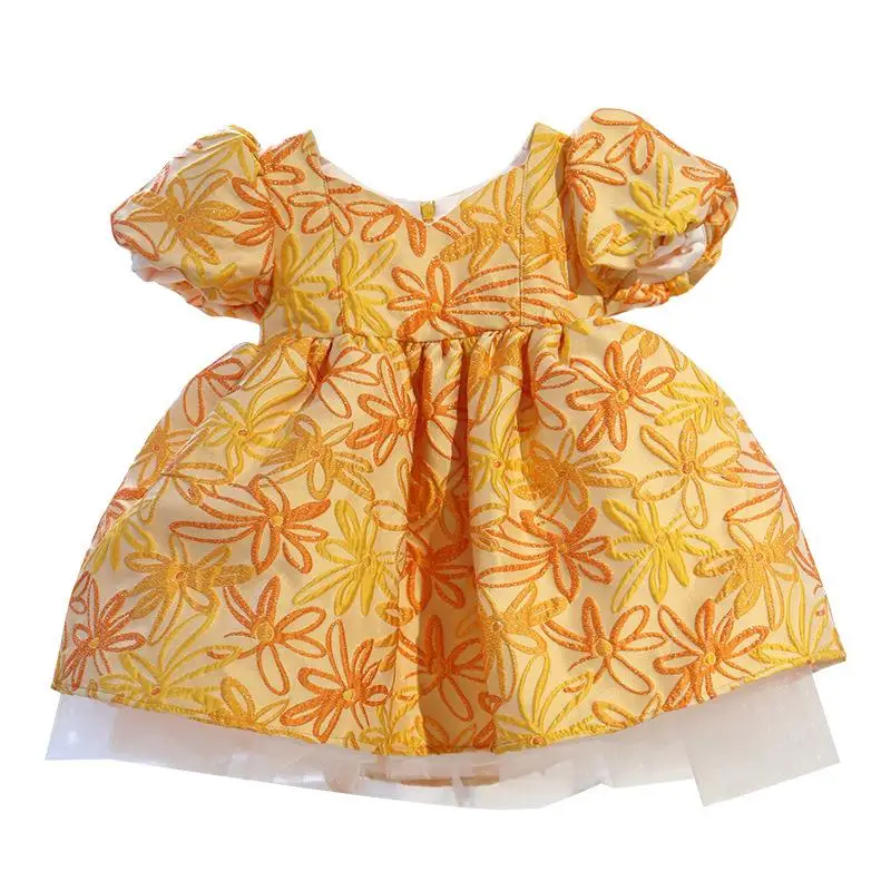 Bebek Kız İlk Doğum Günü Partisi Sarı Elbiseler Çocuklar İçin Prenses Balo Bebek Kabarcık Kollu Elbise Toddler Kız Vestidos
