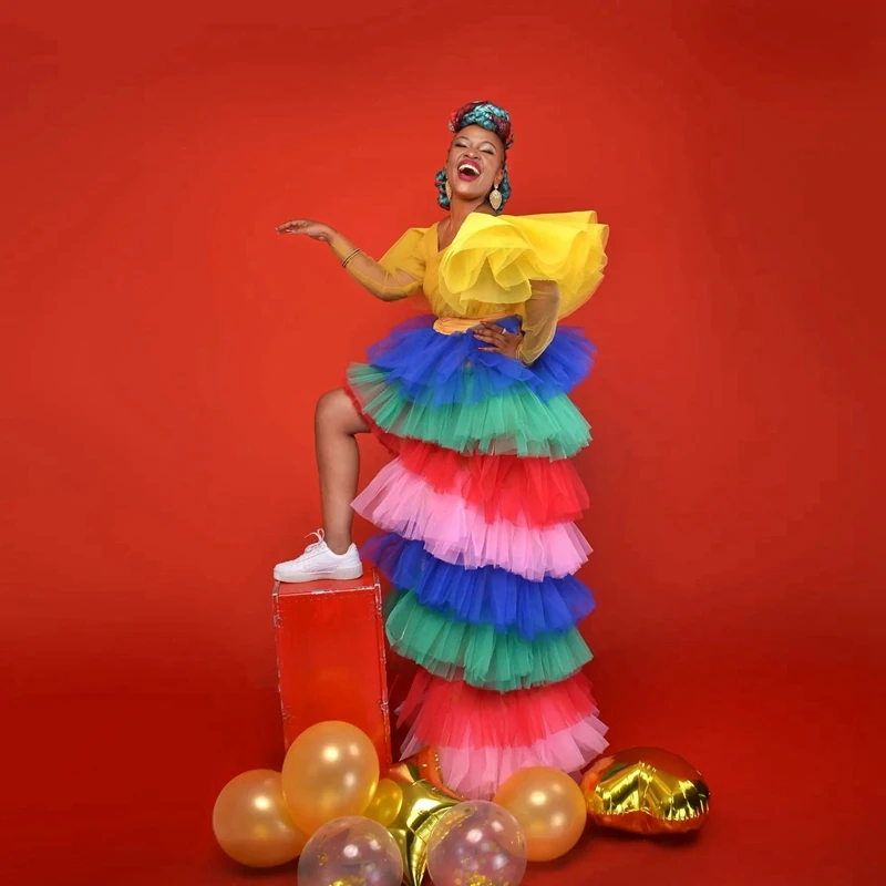 Benzersiz Renkli Tül Afrika Abiye Moda Yüksek Düşük Mix Renkler Mesh Balo Parti Elbise Aso Ebi Örgün Olay Törenlerinde