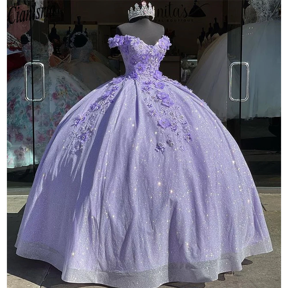 Bling Pullu Tatlı 16 Quinceanera Elbiseler ile 3D Aplike Boncuk Korse Elbise Vestidos De 15 Anos Masquerade xv Elbise Lavanta