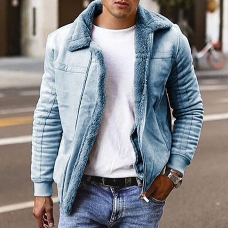 Casual Slim Fit Düz Renk Yün İç Erkek Ceket Sonbahar Kış Vintage Turn-aşağı Yaka Fermuar Palto Erkek Yeni Moda Giyim