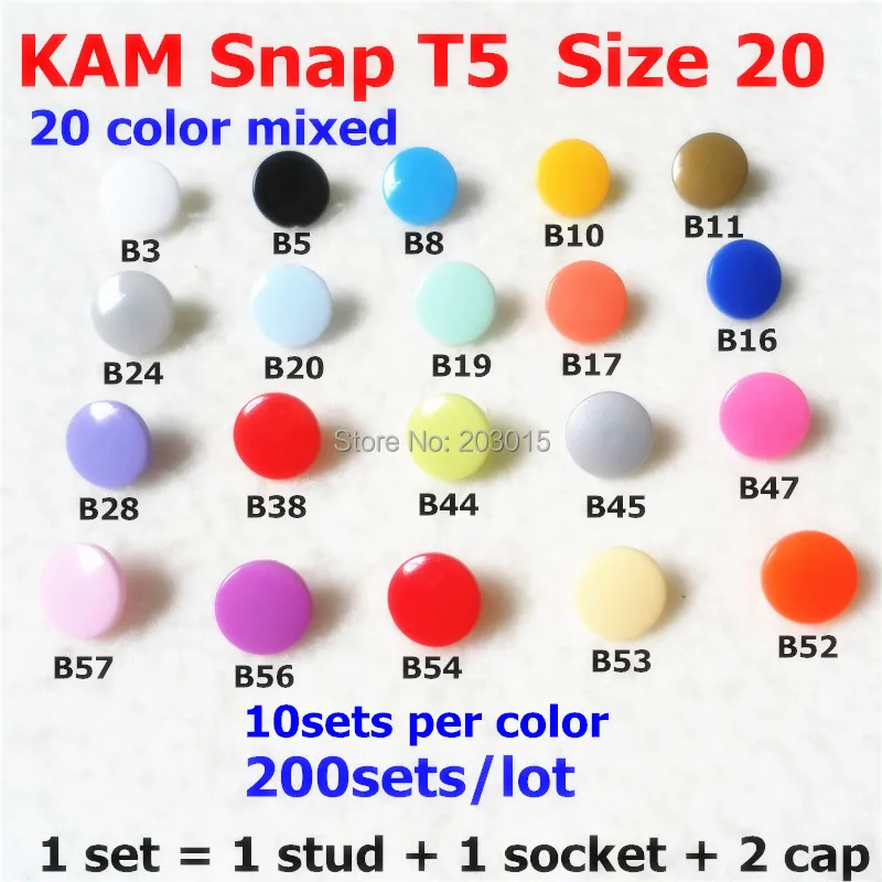 Chenkai 200 takım T5 Boyutu 20 KAM Plastik Reçine Snaps Düğmeler bağlantı elemanları DIY Giysiler için Dikiş El Sanatları Bez Önlük Bebek Bezi (20 renk)