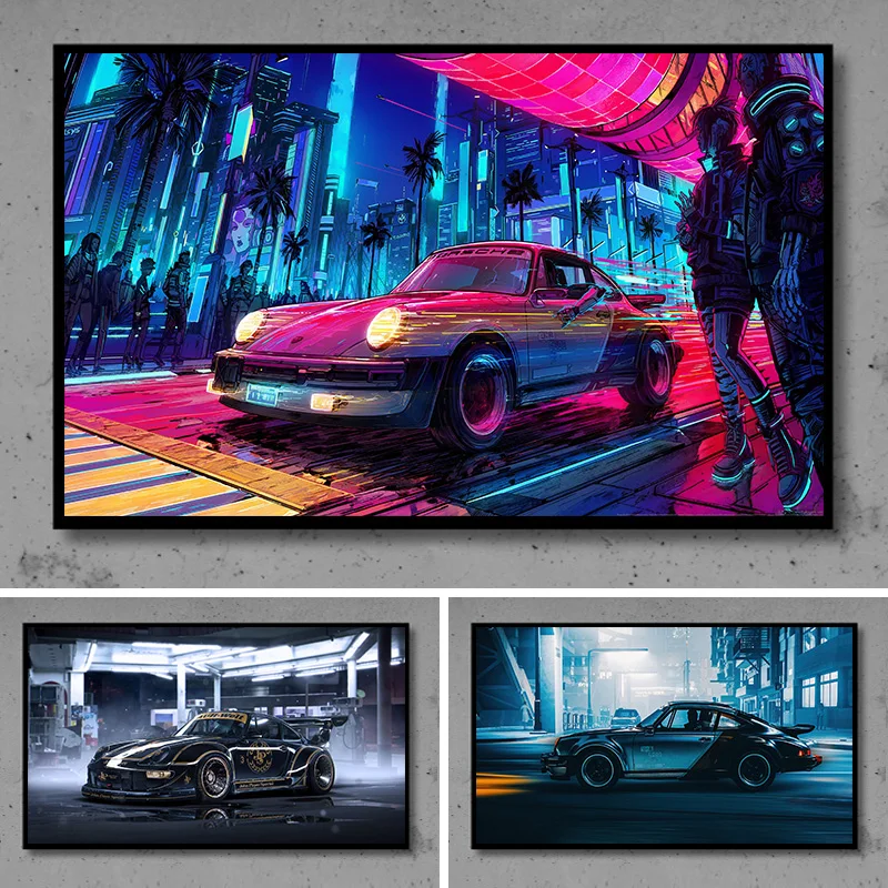 Cyberpunk Porsche Çizgi Roman Serin Spor Araba Supercar Posterler Tuval Boyama Duvar sanat baskı Resimleri ıçin Oturma Odası Ev Dekor
