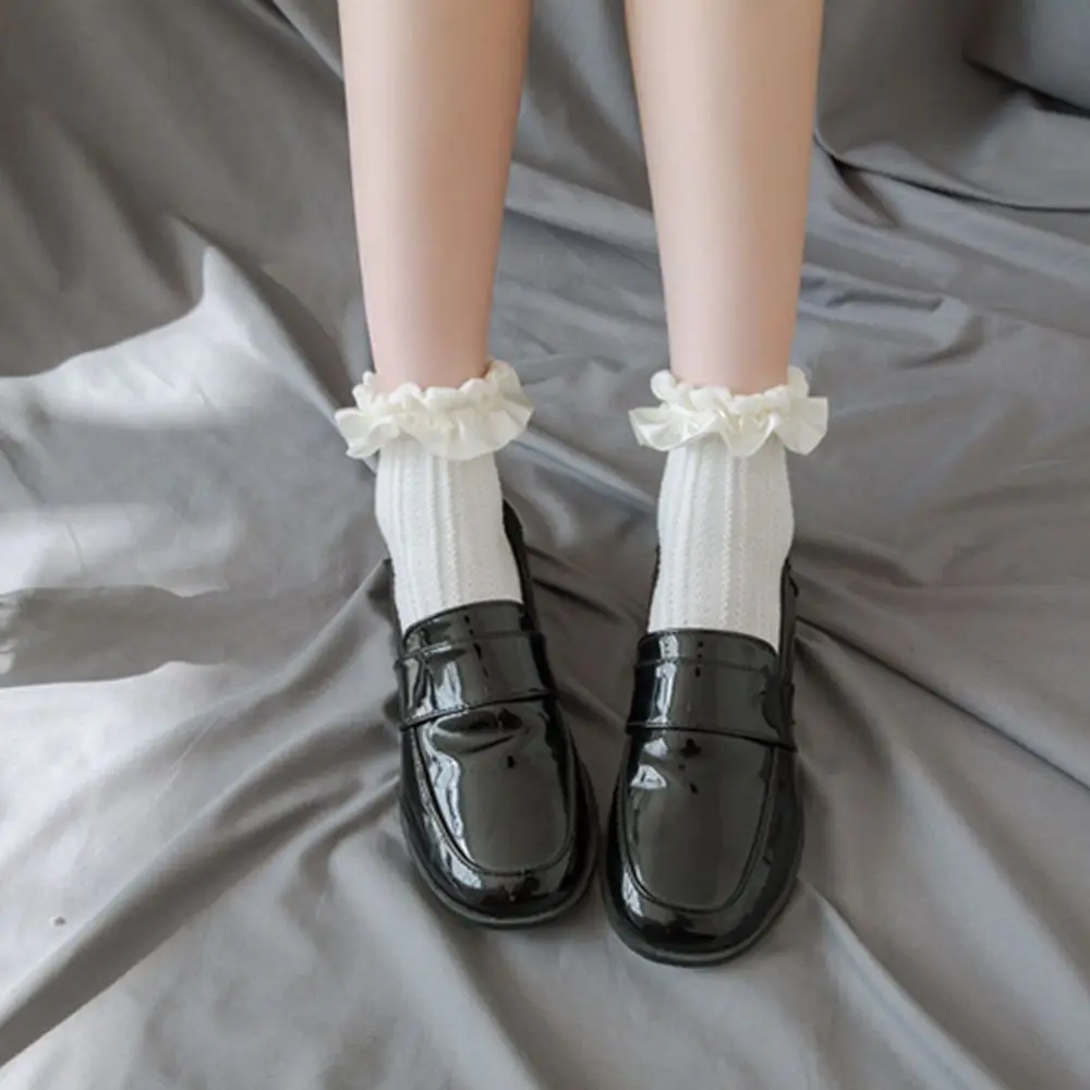 Dantel Çorap Beyaz Siyah İnce Lolita Japon Pamuk Gül Baskı Tatlı Kısa Fırfır Fırfırlı Kawaii Kız Nefes Rahat Çorap