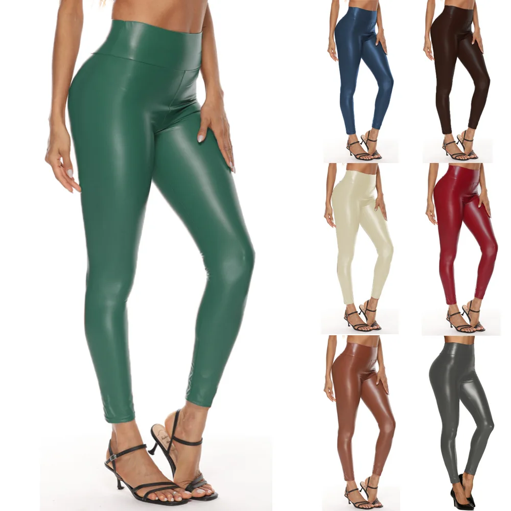 Deri Pantolon Tayt Yüksek Bel Kadınlar Seksi Elastik Sıska Push Up Tayt Streç Jeggings Yüksek Rise Tayt Yeşil Pantolon