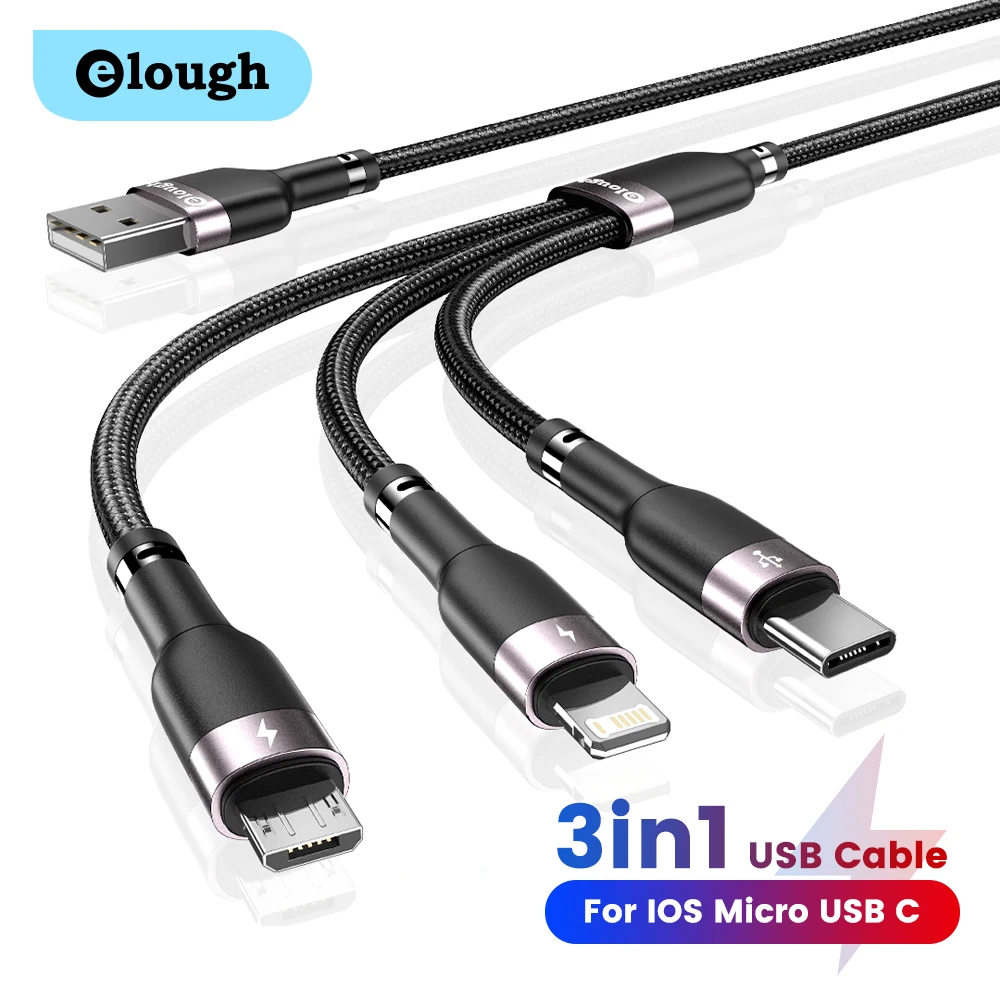 Elough 3in1 USB kablosu 3A Hızlı Şarj mikro USB Tipi C cep telefonu kablosu Kablosu iPhone Xiaomi POCO Huawei Samsung Veri Kablosu