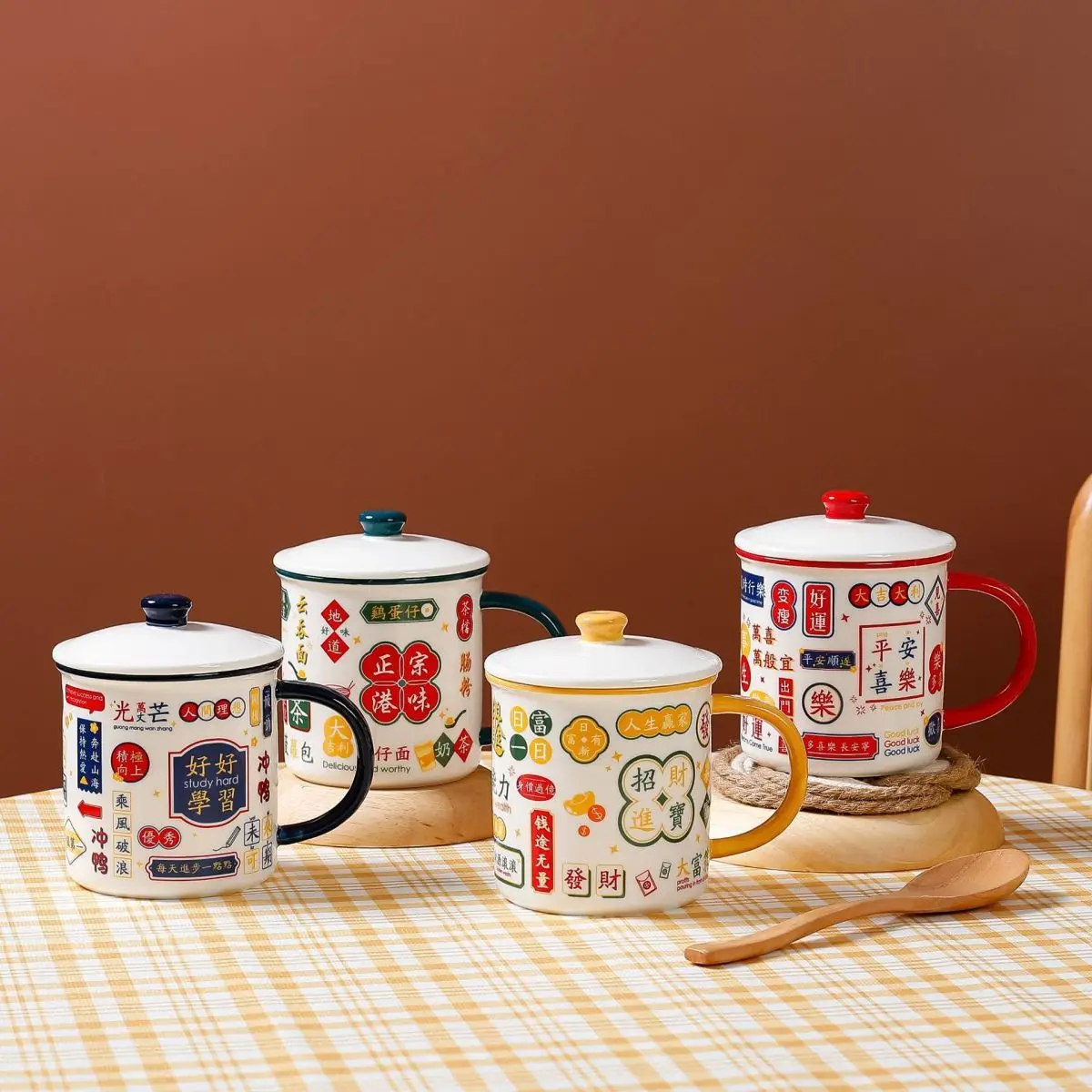 Emaye Fincan Büyük Kapasiteli Yenilik kapaklı kupa çay bardağı Yaratıcı Fincan Seramik Çay süt kupası Kahve Fincanları Drinkware