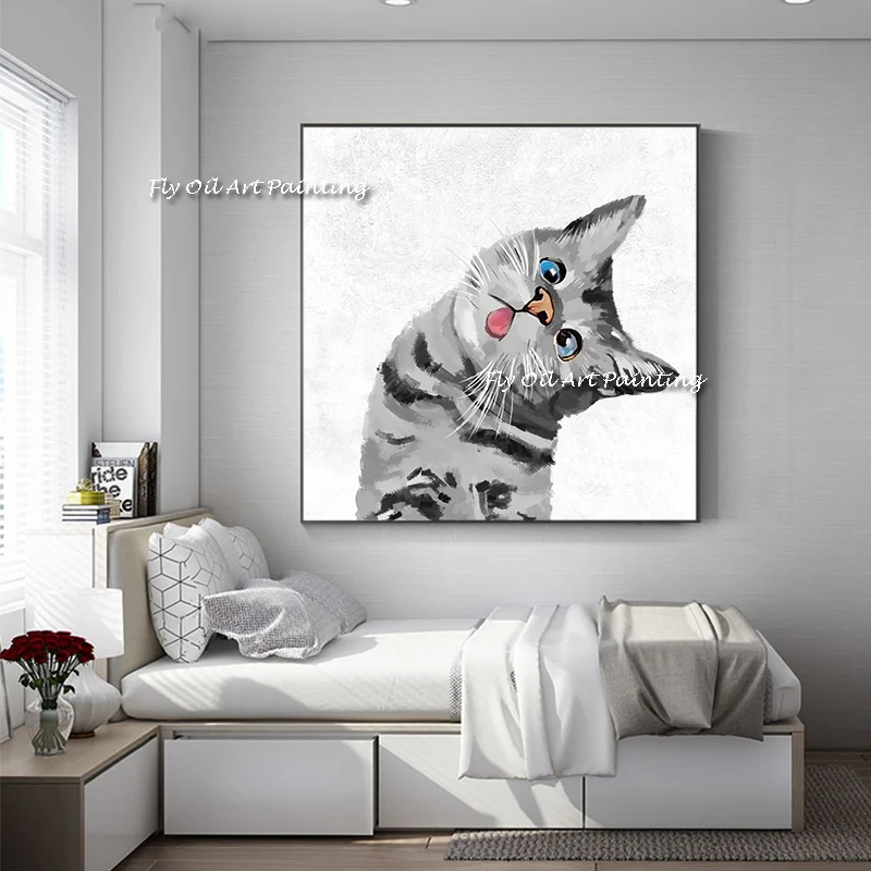 En İyi El-boyalı Gri Kedi Wryneck Hayvan Sevimli Yağlıboya Duvar Koridor Resimleri için Oturma Odası Dekorasyon Duvar Yapıt