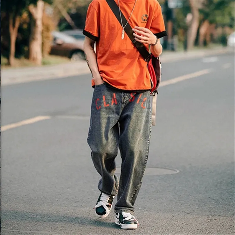 Erkek Giyim 2022 Gelgit Marka Düz Kot Homme Hip Hop Geniş bacak Mektup Baskı Kore dökümlü pantolon INS Retro Pantolon erkekler için