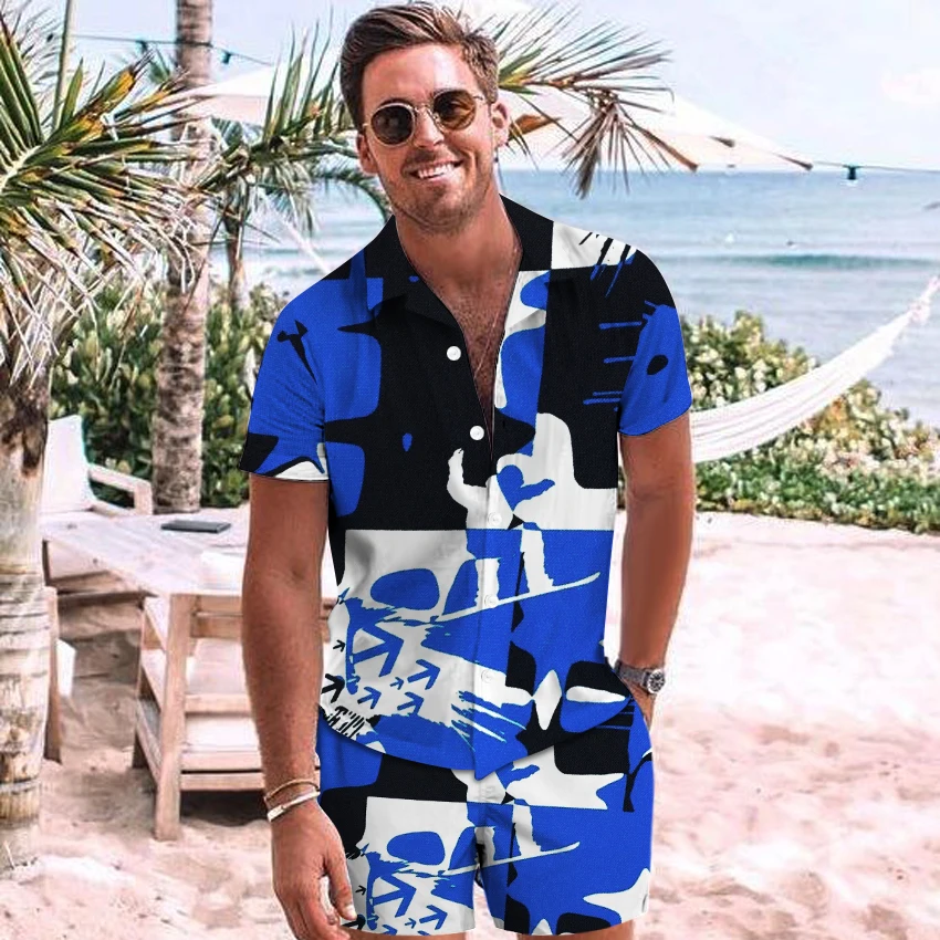 Erkek giyim Yeni 2022 Gömlek Takım Elbise 3D Dinamik Moda Baskı Tek Göğüslü Üst + Şort Yaz Plaj erkek Setleri Chemise Homme