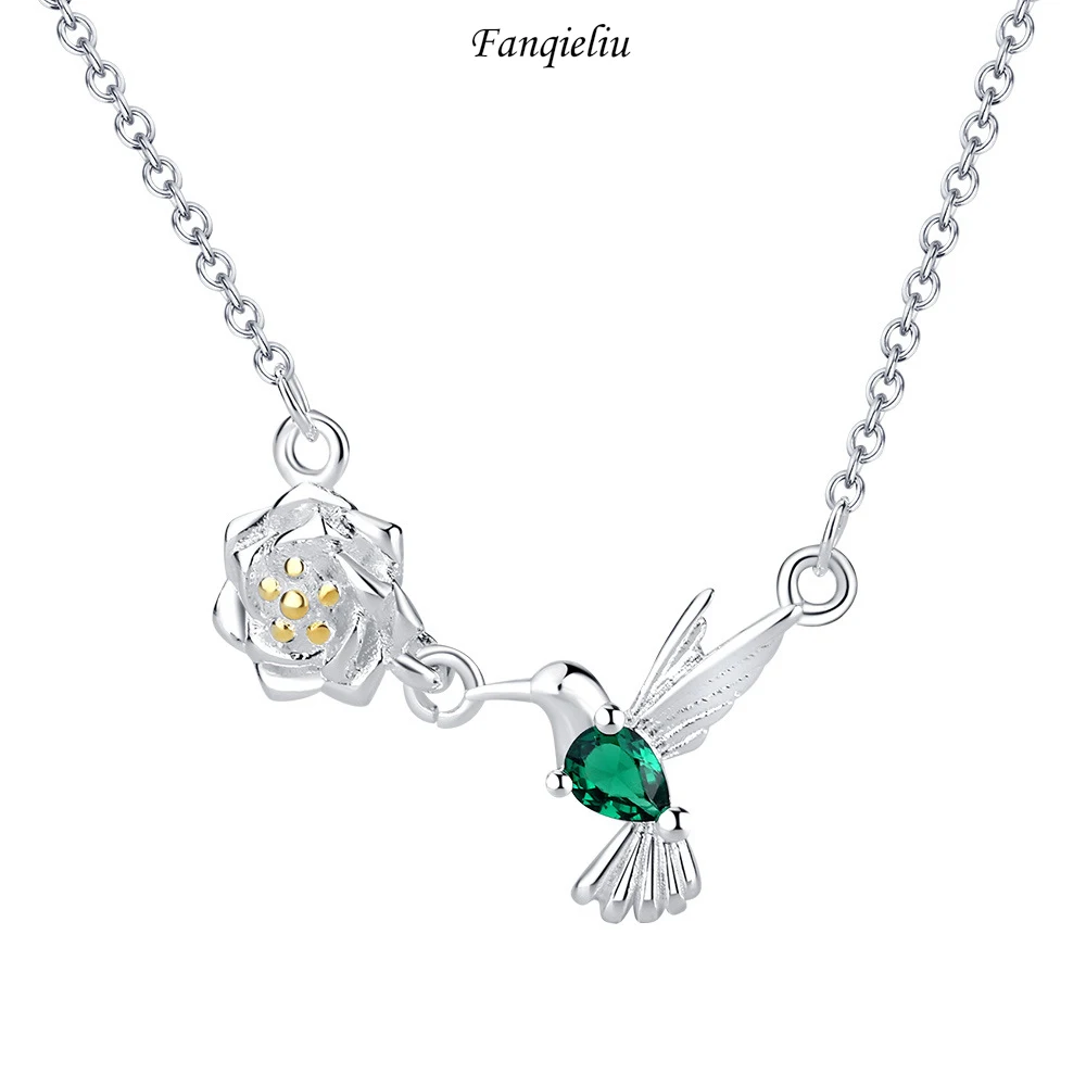 Fanqieliu Damga 925 Gümüş İğne Yaratıcı Kristal Kuş Çiçek Kolye Kolye Kadınlar İçin Vintage Takı Kız Hediye Yeni FQL21577