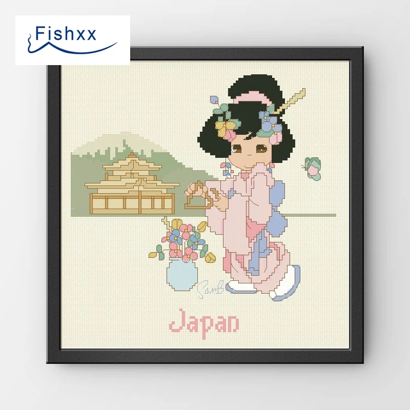 Fishxx Çapraz Dikiş 14CT Kiti Avrupa Tarzı Çocuk Yatak Odası Resimleri H207 Japon Kız Ve Fuji Dağı DIY Nakış