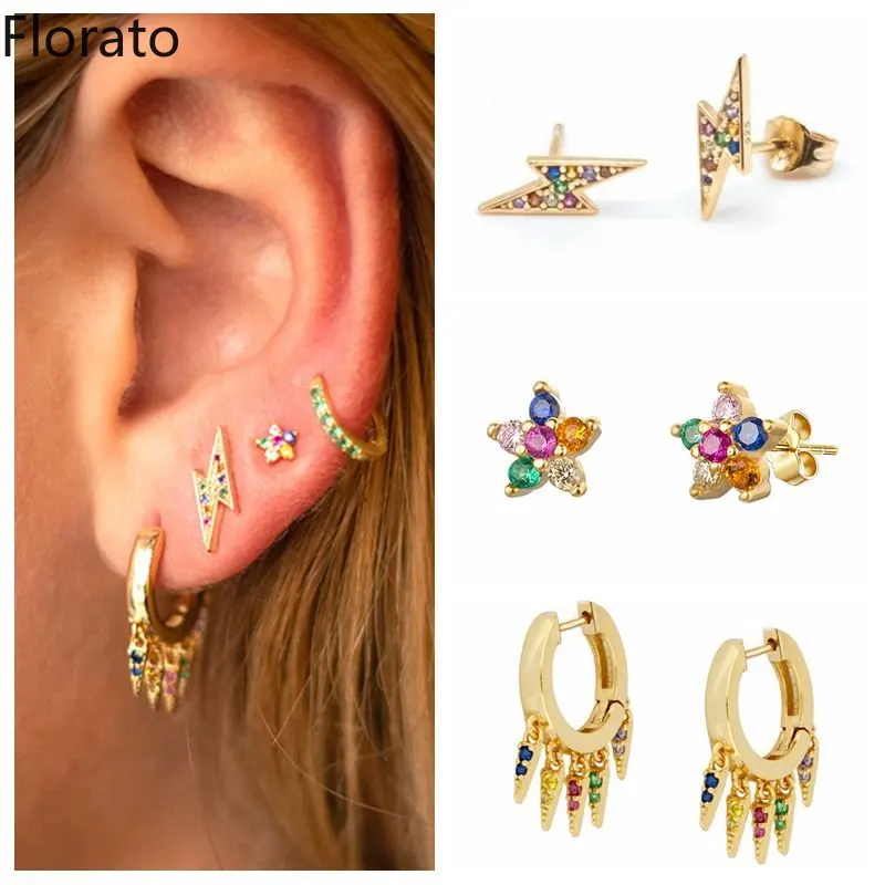 Florato 925 Ayar Gümüş Kulak İğne Yıldırım / Çiçek / Diken Seti Hoop Kolye Saplama Küpe kadınlar için Moda parti Takı