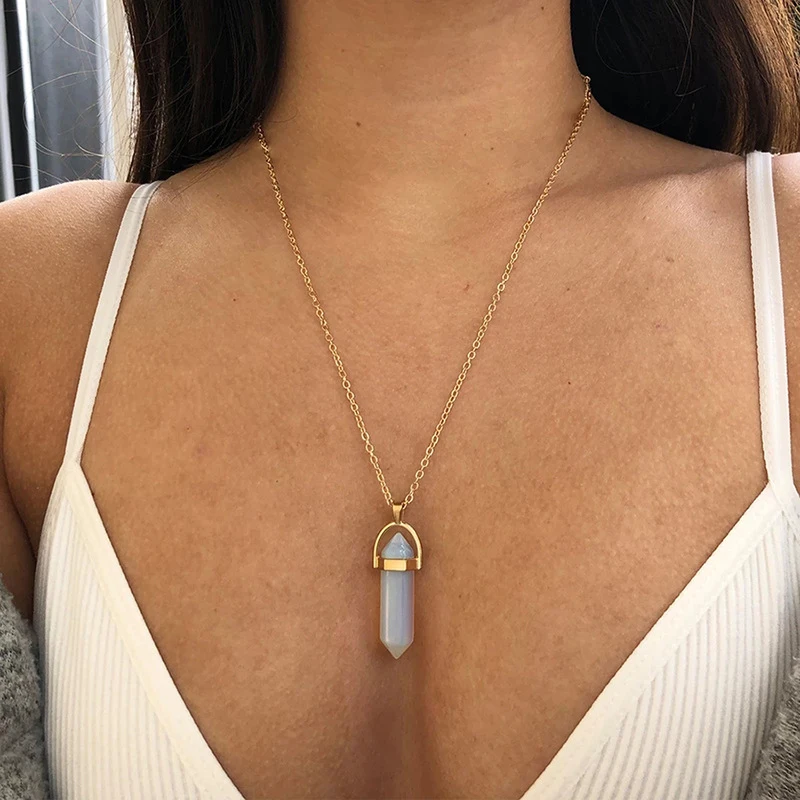 Flüorit Kuvars Kristal Kolye Bohem Altıgen Opal Kadın Kurşun Altıgen Taş Kolye Takı için Kolye Kolye Zincir 