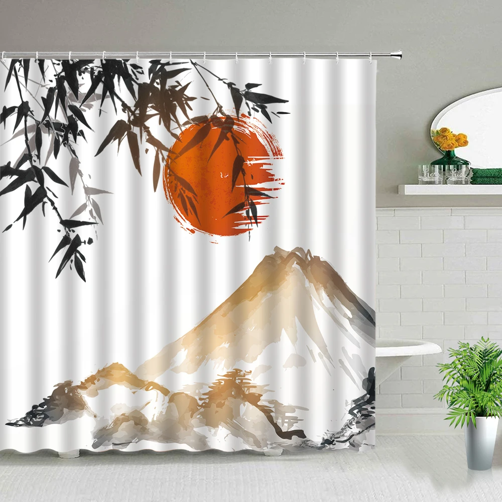Fuji dağı Bambu Mürekkep Boyama Banyo Duş Perdeleri Çin Tarzı Manzara Baskı Banyo Ekranları cortinas de baño Kumaş Seti