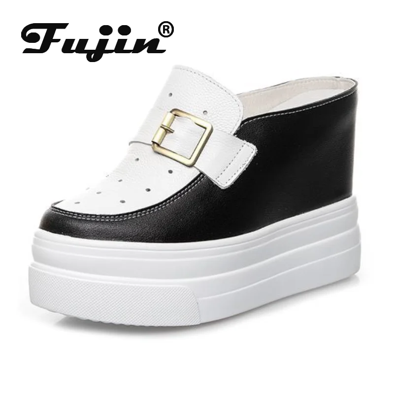 Fujin 11 cm Platformu Kama Kadın Katır Ayakkabı Hakiki Deri Za Moda Tıknaz Kadın Sandalet Terlik Slaytlar Ayakkabı Sneakers