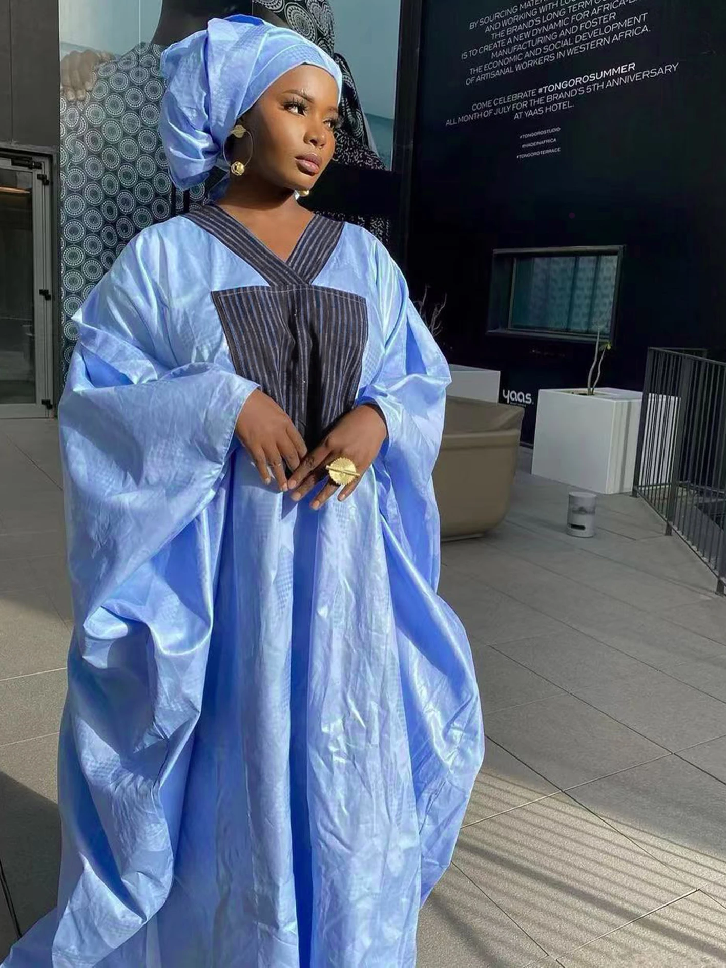 Gökyüzü Mavi Orijinal Bazin Riche Uzun Elbiseler Afrika Ankara Nijerya Kadınlar Düğün Parti Bazin Elbise Baskılı Dashiki Elbiseler