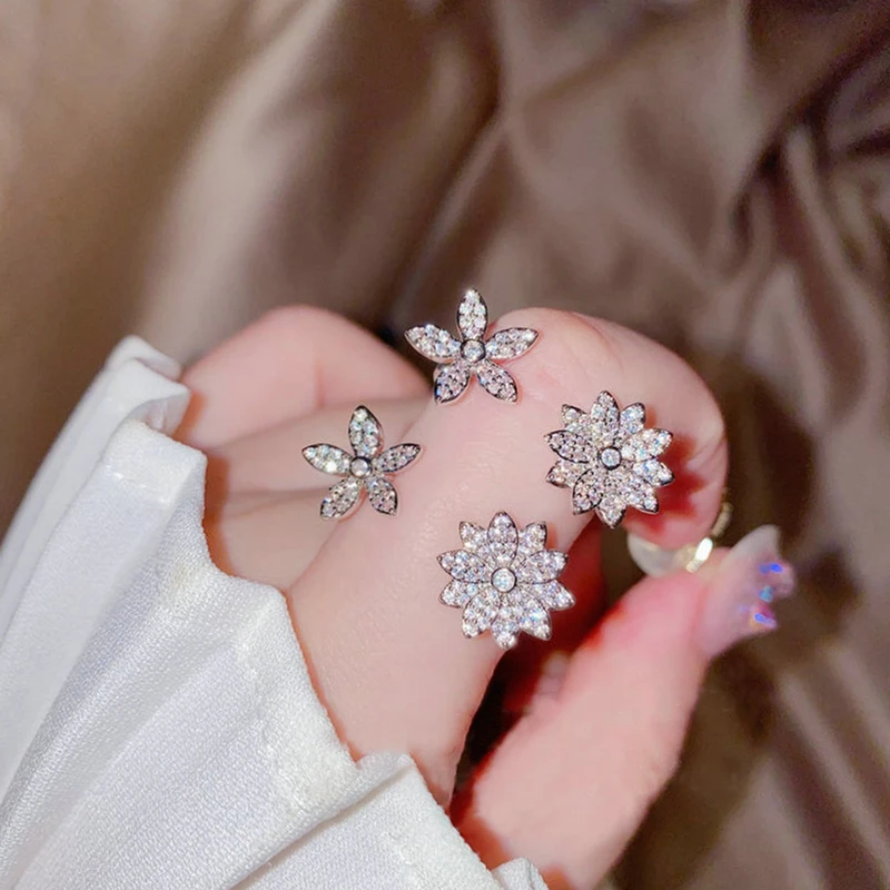  Gümüş Renk Çiçek Parmak Yüzük Kadınlar için Parlak Zirkon Boyutlandırılabilir Açık Yüzükler Düğün Gelin Takı