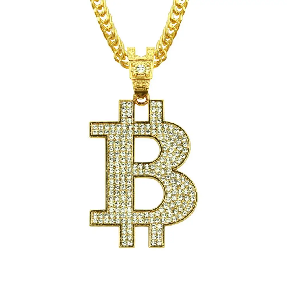 Hip Hop Rhinestones Kaplamalı Bling Out Out Altın Gümüş Renk Bitcoin Kolye Kolye Erkekler için Rapçi Takı 30 inç Küba Zincir