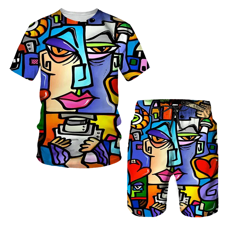 Hip Hop T Shirt Erkek Graffiti Baskı Seti Kısa Kollu Yaz günlük t-shirt / Şort / İki Parçalı Takım Elbise 2022 Yeni Moda erkek giyim